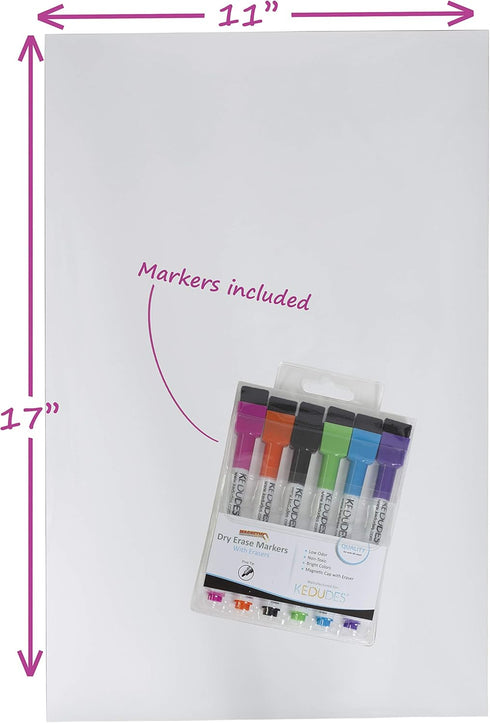 Kedudes USA Made Magnetic Dry Erase Board Sheet 17" x 11" with Set of 6 Markers - Magnetic Whiteboard for Fridge - Fridge Whiteboard Magnetic - Dr...