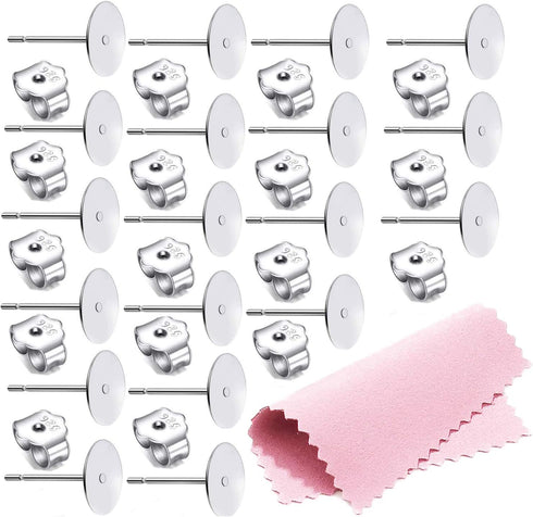 25Pair 925 Sterling Silver Earrings Posts Flat Pad Ear Stud Hypoallergenic Blank Earring Pins with 925 Sterling Silver Earring Backs for Jewelry M...