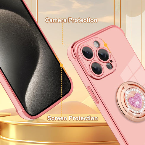 Compatible with iPhone 15 Pro Max Case with Stand, Luxury Cute Bling Double Ring Heart Kickstand Women Girls, Shockproof Soft TPU Plating Protecti...