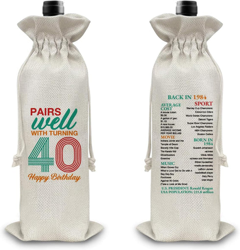 40th Birthday Gifts Wine Bag Congratulations Gifts for Women Men Parents Mom Dad Anniversary Favors 1984 with Time Information Wine Gift Bag...