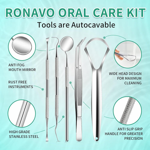 RONAVO Dental Tools, Plaque Remover for Teeth, Tongue Scraper, Tartar Remover, Professional Home Stainless Steel Dental Hygiene Oral Care Kit with...