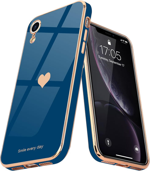 Teageo Compatible with iPhone Xr Case for Women Girl Cute Love-Heart Luxury Bling Plating Soft Back Cover Raised Full Camera Protection Bumper Sil...