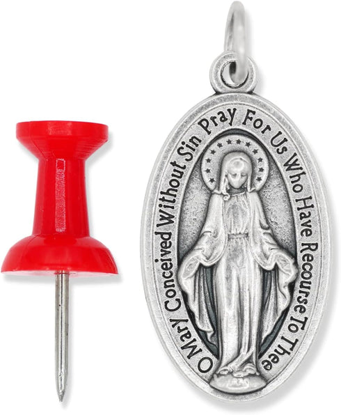 Pack of 5 - Large Oval Miraculous Medals in English (1.125", Silver Oxidized) - Made in Italy, Catholic Mary Pendant for Necklace...