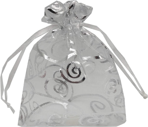 100pcs Sheer Organza Favor Bags For Wedding Baby Shower Rattan Print Gift Bags Samples Display Drawstring Pouches (5x7, silver)...