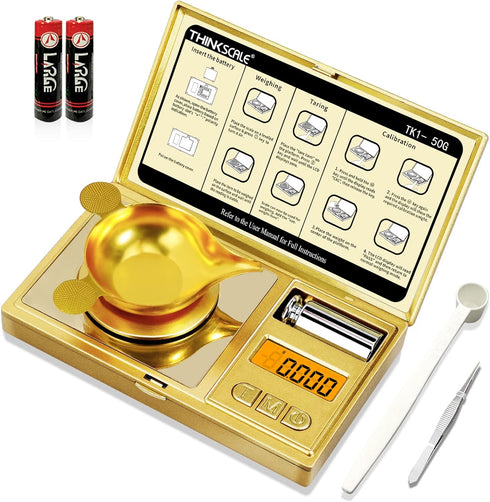 THINKSCALE 50g/0.001g Digital Milligram Scale, Gold Mg Scale with 50g Calibration Weight, Powder Scale for Reloading, Micro Gram Scale, Miligram S...