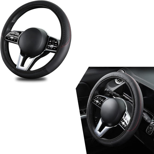 1 PC Car Steering Wheel Cover, Elastic Non-Inner Ring 3D Textured Leather Cover for All Seasons, Anti-Slip Easy-Grip Protection for 14.9" Steering...
