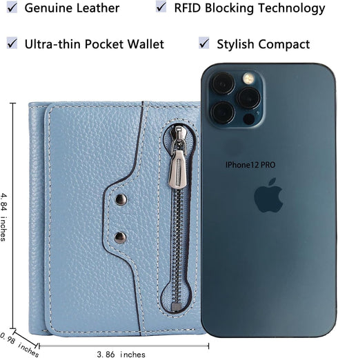 AINIMOER Small Leather Wallet for Women, Slim Compact Credit Card Holder RFID Blocking Wallets Organizer with Coin Pocket, Lichee Gray Blue...