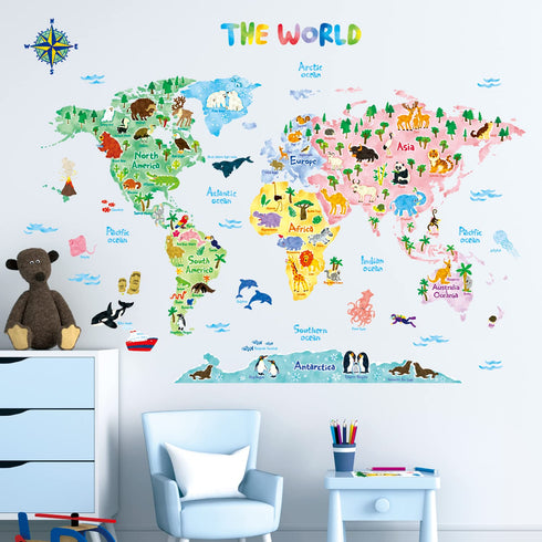DECOWALL SG2-1615S Animal World Map Kids Wall Decals Wall Stickers Peel and Stick Removable Wall Stickers for Kids Nursery Bedroom Living Room (La...