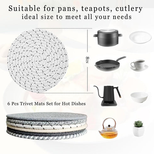 8" Trivet Mats Set for Hot Dishes, Hot Pots and Pans, 6 Heat Resistant Pot Holders, Anti Stain Hot Pads,Thick Heat Resistant Large Coaster, Home E...