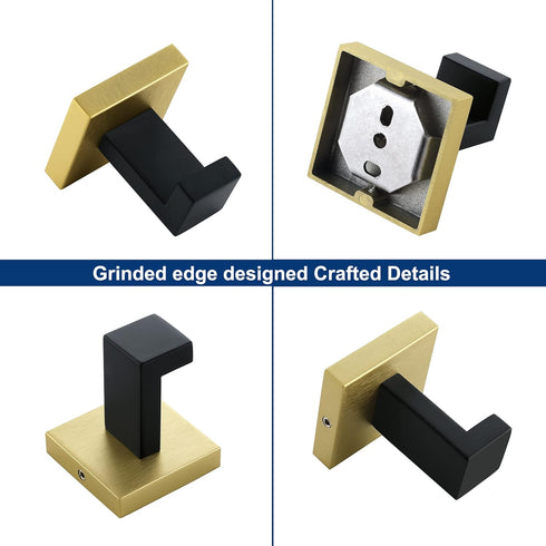 Towel Hooks for Bathrooms, Black & Gold Towel Hook for Kitchen Bathroom, SUS304 Stainless Steel Coat Hook, Square Heavy Duty Robe Hooks for Hangin...