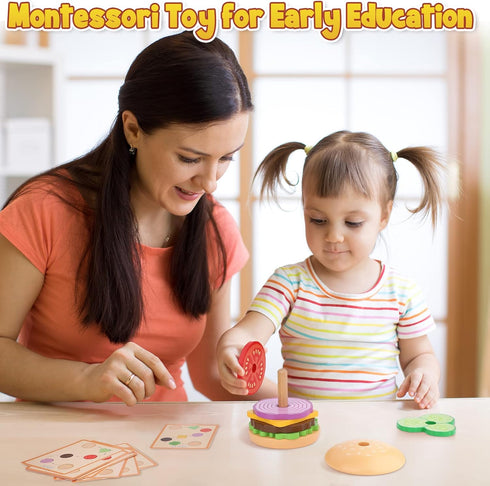 Montessori Toys for 3 Year Old - Wooden Burger Stacking Toys for Toddlers and Kids Preschool, Educational Toys, Fine Motor Skill Toy, Blocks for T...