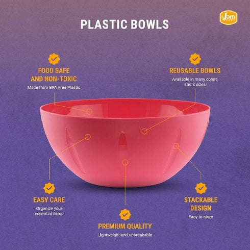 YBM HOME 8-Inch Plastic Serve Mixing Bowl for Everyday Meals - Ideal for Cereal, Snacks, Popcorn, Salad, and Fruits, Microwave Safe, Pink...