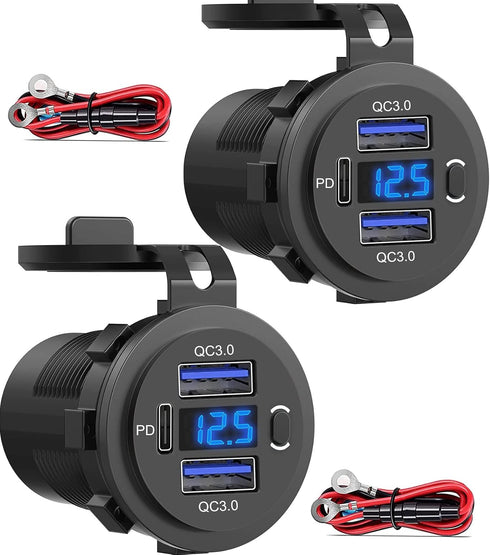 12V USB Outlet, Dual USB Quick Charge 3.0 Port & PD USB C Car Charger Socket with Voltmeter and Power Switch for Car Boat Marine Truck 2 Pack......