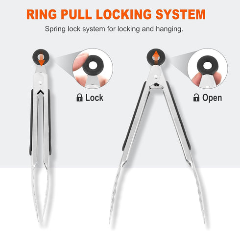 Anaeat Stainless Steel Locking Tong Set of 3 - Premium 7, 9 and 12 inch Kitchen Food Tongs with Non-Slip Silicone Tips and Grip for Serving, Cooki...