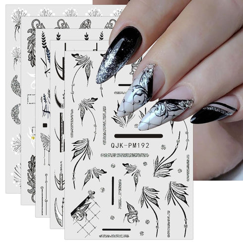 JMEOWIO 10 Sheets Glitter Flower Butterfly Leaves Nail Art Stickers Decals Self-Adhesive Pegatinas Uñas Black White Nail Supplies Nail Art Design ...