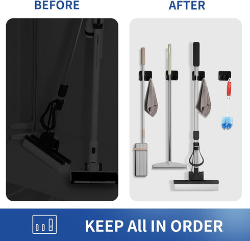 4PCS Broom and Mop Holder?Stainless Steel Waterproofing Broom and Mop Holder Wall Mountain, Adhesive Mop Holder with Hooks, Cleaning Supplies Orga...