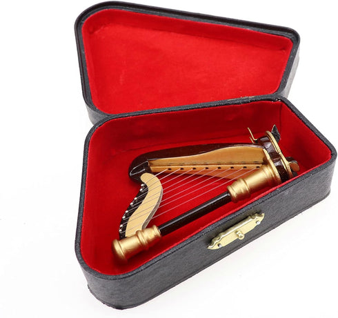 Wooden Miniature Harp with Case Mini Musical Instrument Replica Miniature Dollhouse Model Home Decoration (3.54"x1.97"x0.91")...