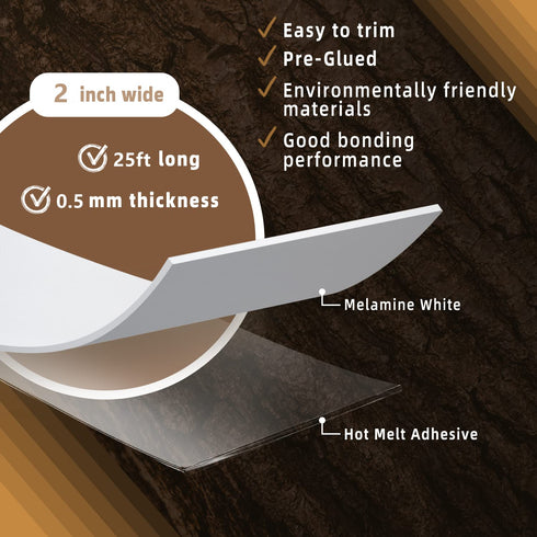 Melamine Edge Banding, 2 inch x 25ft White Edge Banding with Hot Melt Adhesive Pre-glued Cabinet Edge Banding Flexible White Veneer Edging for Ply...