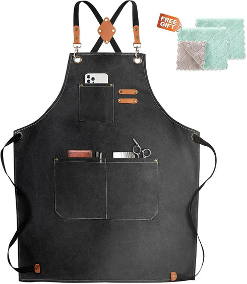 Chef Apron,Cross Back Apron for Women and Men,Cotton Canvas Apron with Adjustable Straps and Large Pockets,Kitchen Cooking Baking Bib Apron...