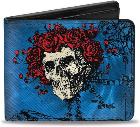 Buckle-Down Men's PU Bifold Wallet-Skull Grateful Dead/Roses Blues/Black/Red, Multicolor, 4.0" x 3.5"...