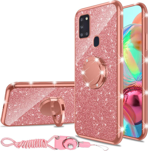 nancheng for Samsung Galaxy A21S Phone Case Cute Girls Women Glitter TPU Cover with Ring Stand & Strap Lanyard Shockproof Protection Case - Rose G...