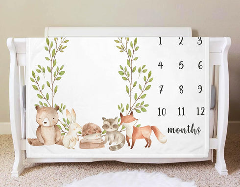 Woodland Milestone Blanket, Forest Animals Baby Growth Chart Monthly Blanket, Watch Me Grow Woodland Bear Fox Baby Nursery for New Moms Baby Showe...
