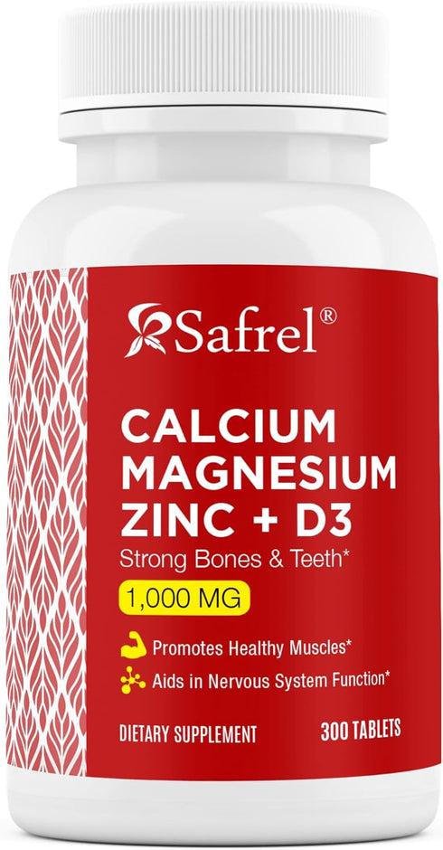 Safrel Calcium Magnesium Zinc with Vitamin D3, 300 Tablets - Calcium 1000 mg, Magnesium 400 mg, Zinc 20 mg & D3 600 IU per Serving...