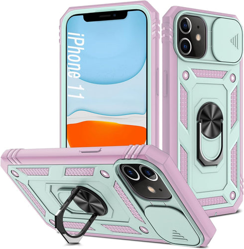 Case for iPhone 11, Shockproof Impact Resistant with Slide Lens Protective Cover Case for iPhone 11 (6.1 inch) (Pink Green)...
