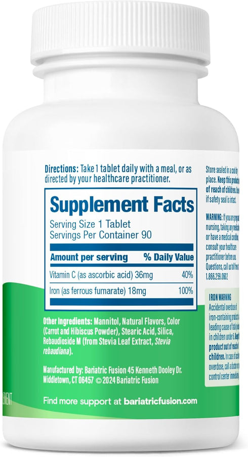Bariatric Fusion Iron Supplement for Women Quick Melt | Sugar Free Dissolvable Chewable Iron Tablets | Ferrous Fumarate 18 mg Iron with Vitamin C ...