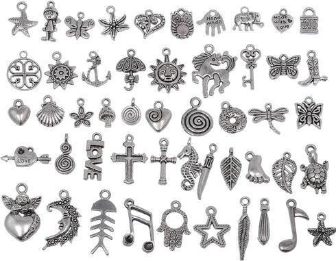 RUBYCA 200Pcs Bulk Mixed Silver Charms for Jewelry Making Bracelet Small Pendants for Necklace Antiqued Silver Color - Just Like the Picture (Mix2...