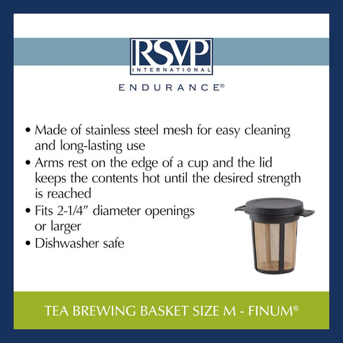 RSVP International Endurance Finium Collection, Loose Leaf Brewing Basket, 3.75" Diameter, Black Heat Retention Lid...