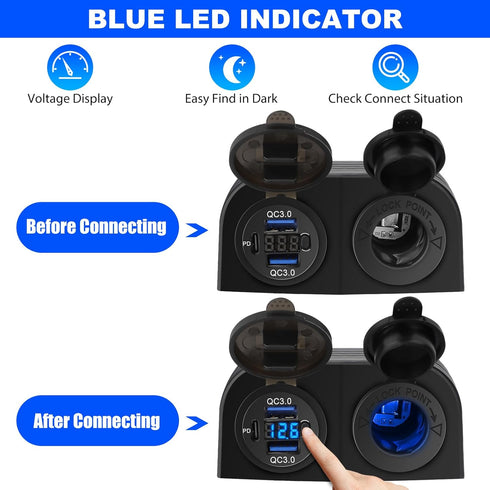 3 in 1 Tent Type Panel, 2 Hole USB Socket Tent Panel, PD Charger Socket + QC3.0 Dual USB Car Charger + 12V/24V Cigarette Lighter Socket + LED Volt...