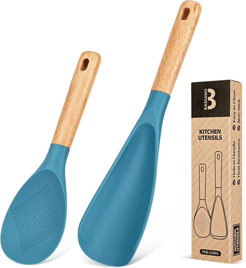 Cooking Spoon and Rice Scooper for Nonstick Cookwares, Great for Cooking and Serving Durable BPA-Free Matte Silicone, Wood Handle Spoon for Mixing...