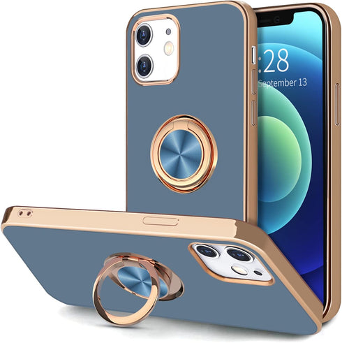 Hython Case for iPhone 12 Case & iPhone 12 Pro Case with Ring Stand, 360° Rotatable Ring Holder Magnetic Kickstand, Shiny Plating Rose Gold Edge S...