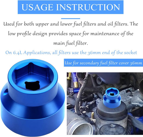 Oil Filter Socket 24mm / 36mm Reversible Fuel Filter Cap Remover and Installer Assistant Compatible with 6.0L / 6.4L Ford Powerstroke Diesel 2003-...