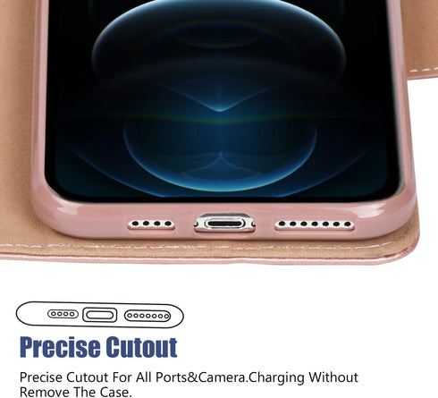Arae Case for iPhone 12 Pro Max Wallet Case Flip Cover with Card Holder and Wrist Strap for iPhone 12 Pro Max 6.7 inch (Rose Gold)...