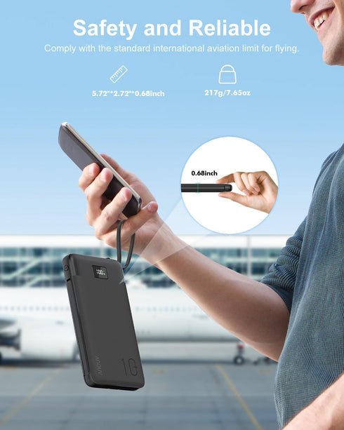 Portable Charger with Built-in Cables&AC Wall Plug,10000mAh Power Bank,PD 22.5W USB-C Fast Charging External Battery Pack with LED Display Compati...