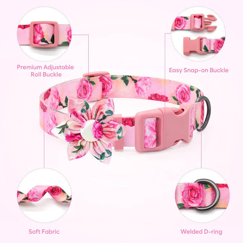 Dog Collar Floral Girl Pink Dog Collar with Rose Flower Bow Tie Dog Collar for Cute Female Cats Dogs Spring Summer Season Dog Collar for Small Med...
