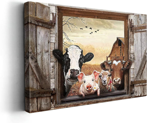 Kasluolo Farmhouse Animals Cow in Fake Window Wall Art Farmhouse Animals Landscape Picture Country Painting Wall Décor for Bathroom Bedroom Office...