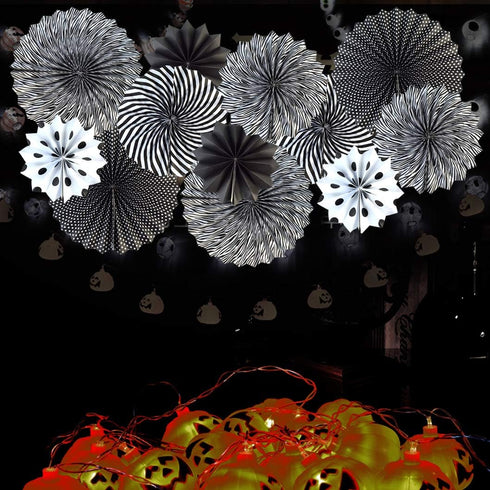 18pcs Party Hanging Paper Fans Set Black White Round Paper Fans Decorative Pattern Folding Fan Halloween Hanging Garlands for Halloween Birthday W...