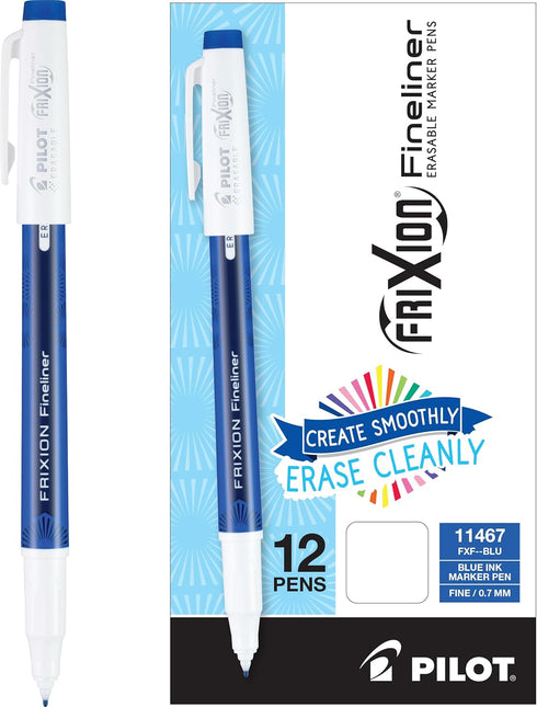 Pilot, FriXion Fineliner Erasable Marker Pens, Fine Point 0.7 mm, Pack of 12, Blue...