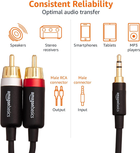Amazon Basics 3.5 Aux to 2 x RCA Adapters, Audio Cable for Amplifiers, Active Speakers with Gold-Plated Plugs, 15 Feet/4.6 m, Black...