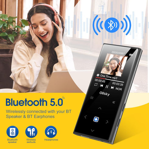 64GB Mp3 Player Bluetooth 5.0, Oilsky Portable Digital Lossless Music Player with FM Radio, Built-in Speaker, Touch Button, Voice Recorder, Lightw...