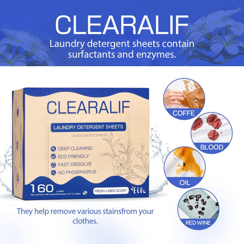 CLEARALIF Laundry Detergent Sheets Up to 160 Loads, Fresh Linen - Great For Travel,Apartments, Dorms,Laundry Detergent Strips Eco Friendly & Hypoa...