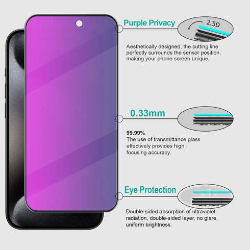 2 Pack Purple Privacy Screen Protector for iPhone 15 Pro 6.1 inch, 9H Anti-Spy Tempered Glass, Easy Installation, High Sensitivity, Case Friendly...