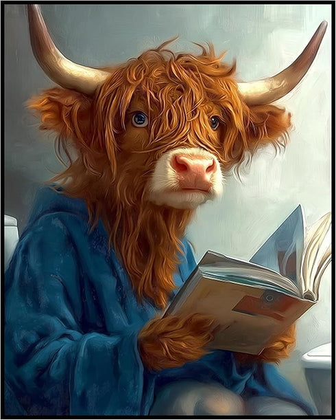 Posterizer 1 pcs-funny cute highland cow reading on toilet 4-Bathroom Restroom Art-Art for Animal Lovers-Decor for Home & Office- unframed wall ar...