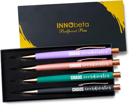 InnoBeta Chaos Coordinator Gifts, Ballpoint Pen Set of 4, Funny Inspirational Pens, Office Thank You Gifts for Social Workers, Managers, Boss Lady...