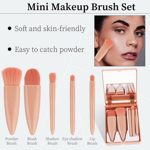5 PCS Mini Travel Size Makeup Brushes with Mirror, Travel Make up Brushes Set, Compact Makeup Brush Travel Case Subtle Beauty Stackable Makeup...