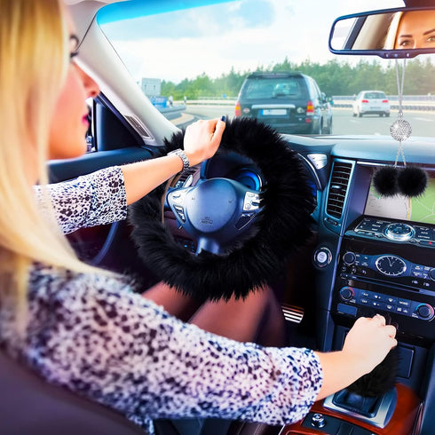 Frienda 6 Pieces Fluffy Car Accessories Set Fluffy Steering Wheel Cover Soft Fuzz Handbrake Cover Gear Shift Cover Bling Car Mirror Fuzz Car Decor...