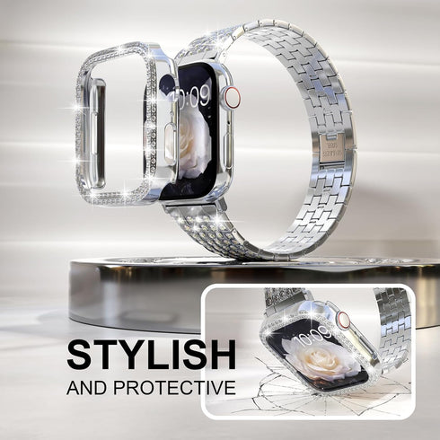 QVLANG Compatible with Apple Watch Band Series 9 8 7 45mm, Bling Series Band for Women + Diamond Rhinestone Case, Stainless Steel Metal Bracelet S...